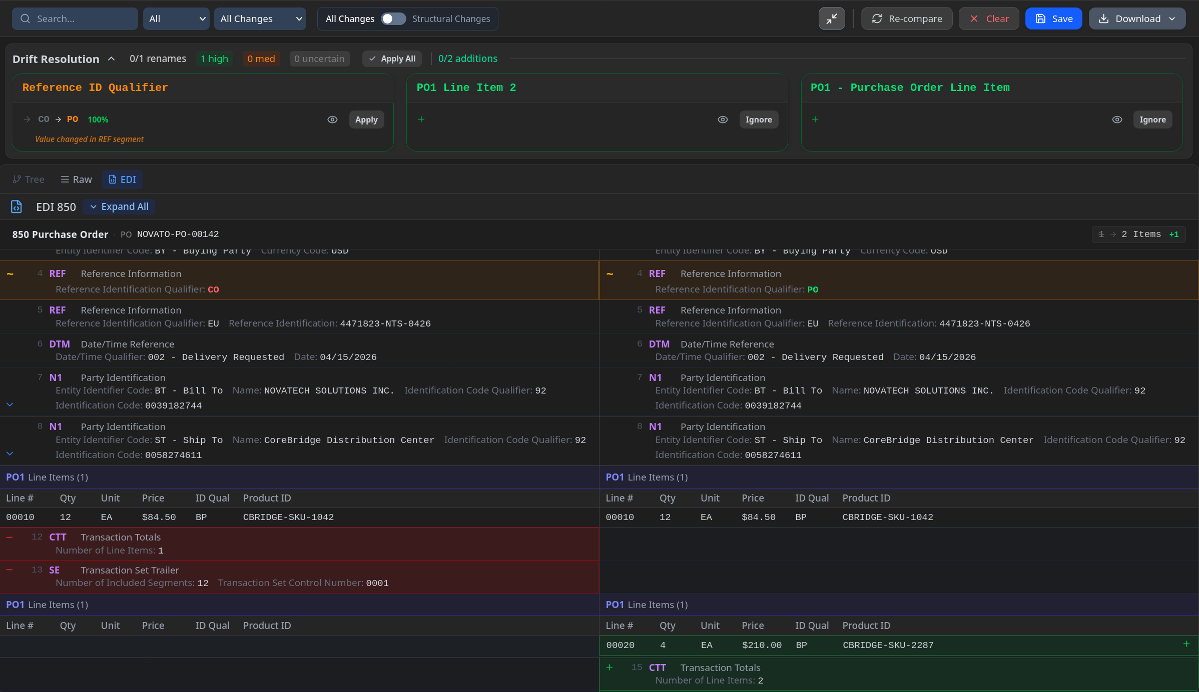 Schema comparator in DriftOps